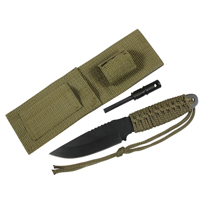 ROTHCO nůž PARACORD s pevnou čepelí + křesadlo ZELENÝ