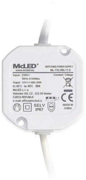 McLED Napájecí zdroj 20 W, DC12 V/1,67 A, IP67, do elektroinstalační krabice