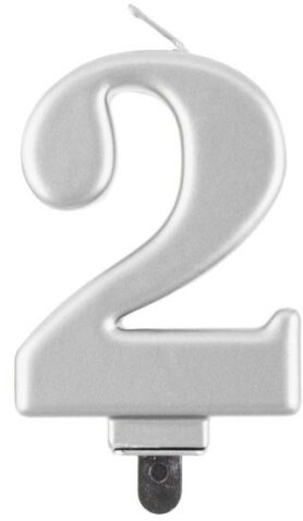 Narozeninová svíčka na dort - 2 - metalická stříbrná - 8 cm