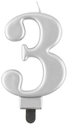Narozeninová svíčka na dort - 3 - metalická stříbrná - 8 cm