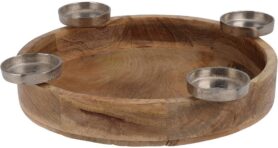 Koopmann International Kovový svícen na 4 čajové svíčky na dřevěném kulatém tácku 400 × 70 mm, příro