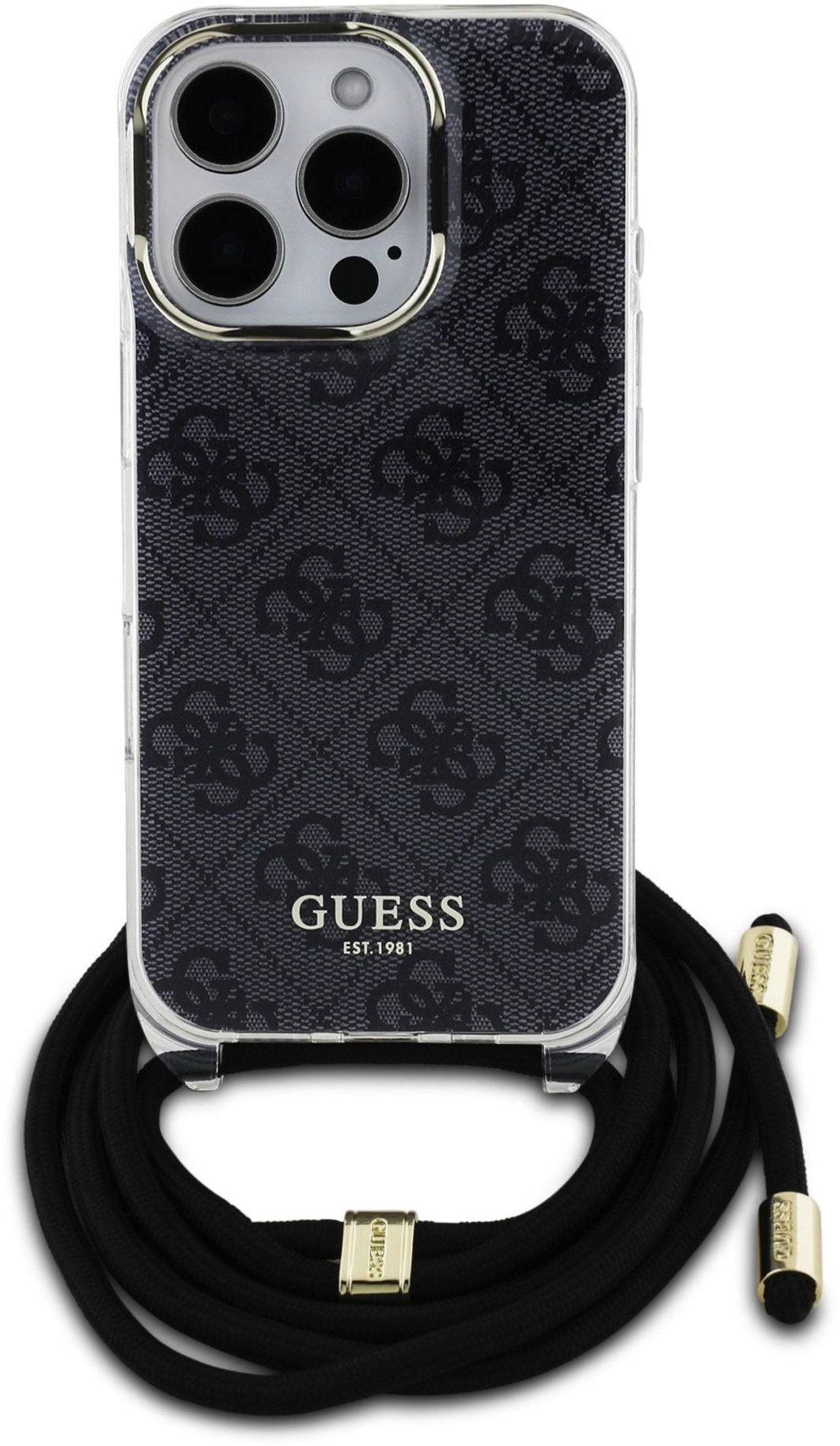 Guess IML 4G Printed Crossbody Popruh Zadní Kryt pro iPhone 16 Pro Black