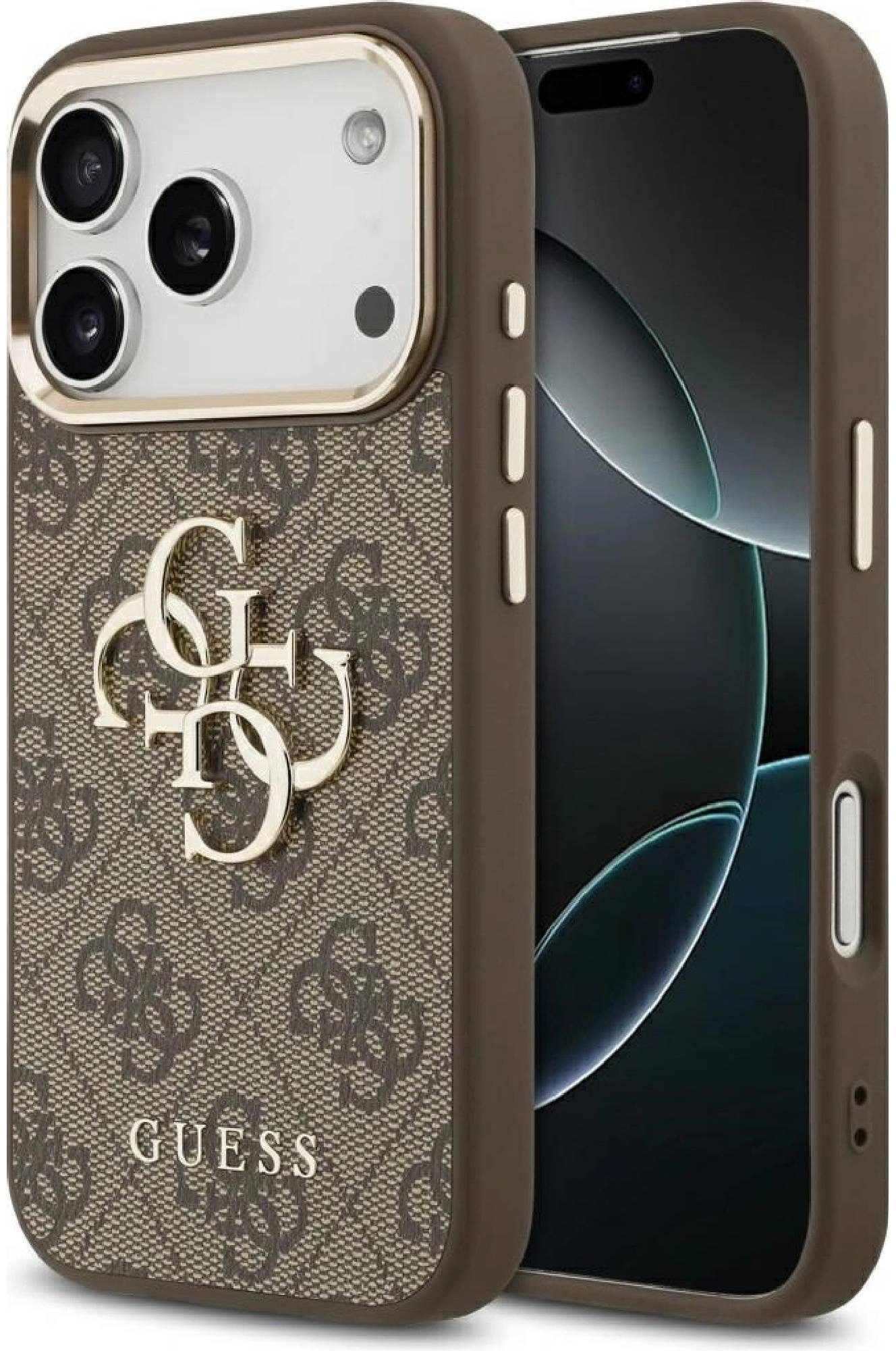 Guess PU Leather 4G Metal Logo Gold Frame Zadní Kryt pro iPhone 17 Pro Brown