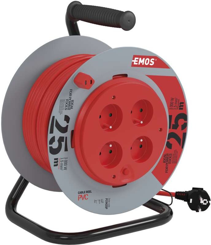 EMOS PVC kabel na bubnu s pevným středem – 4 zásuvky, 25m, 1,5mm2