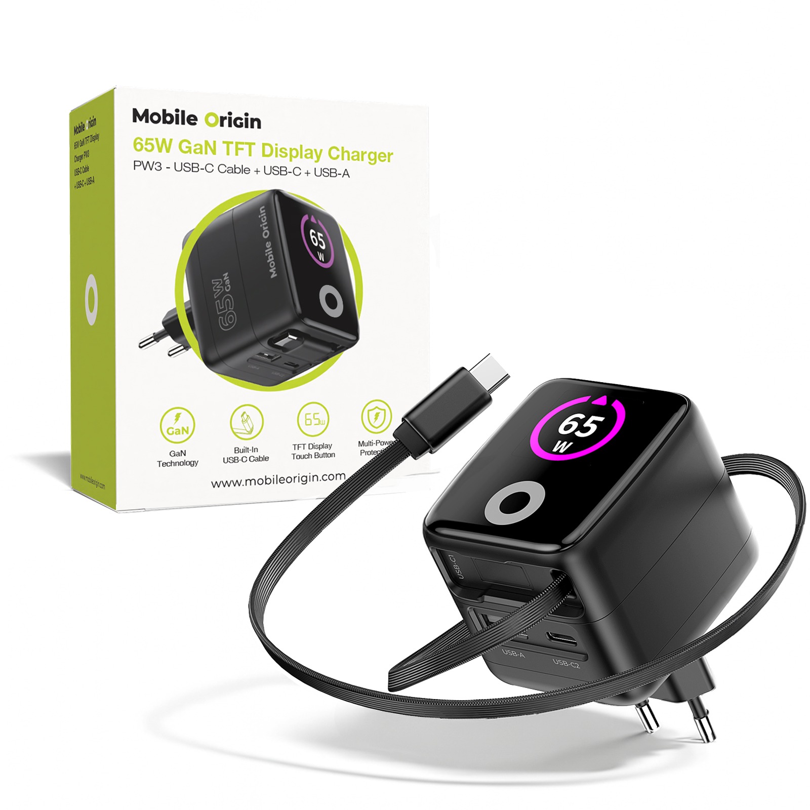 Mobile Origin 65W GaN Display Charger PW3 - USB-C Cable + USB-C + USB-A