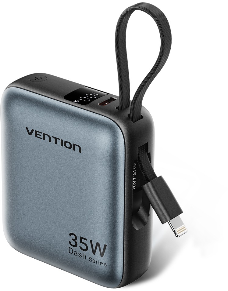 Vention 10000mAh Mini Power Bank (USB-C + USB-C/Lightning) with Built-in USB-C and Lightning Cables