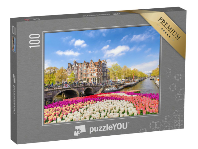 puzzle 100 dílků „Břeh kanálu s kvetoucími tulipány na jaře, Amsterdam, Holandsko“