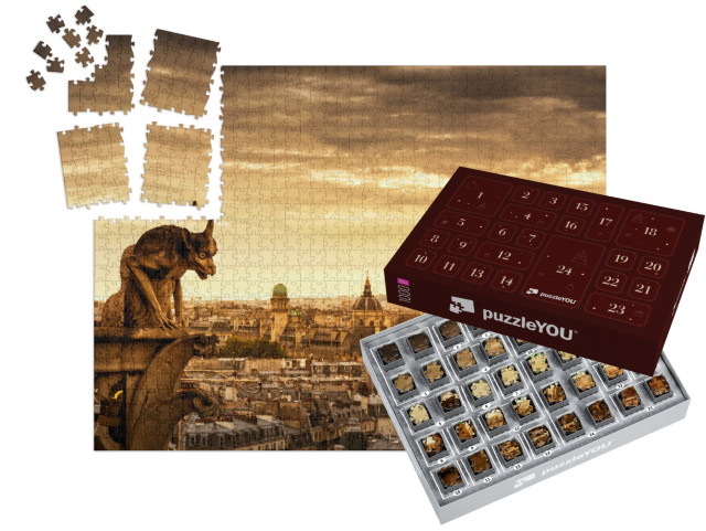 Adventní kalendář „Chrlič na katedrále Notre Dame s Paříží v pozadí, Paříž, Francie“