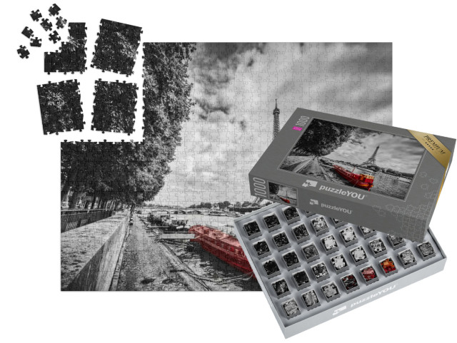 SMART SORTED® | Puzzle 1000 dílků „Eiffelova věž nad Seinou s červenou lodí, Paříž, Francie“