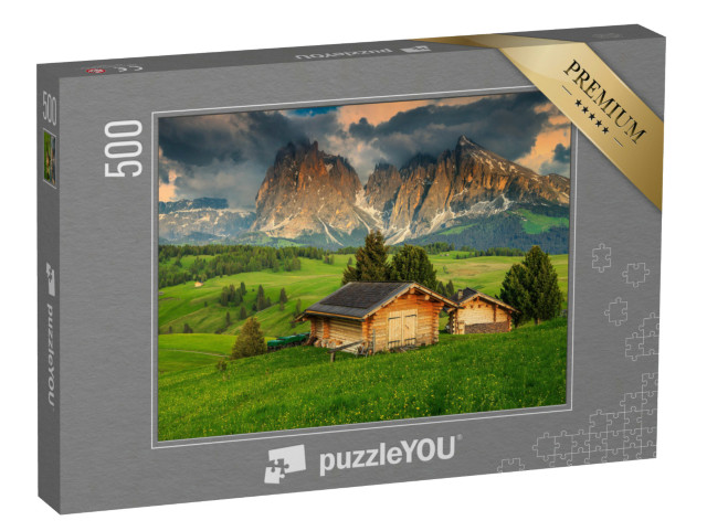 puzzle 500 dílků „Jaro na Alpe di Siusi se skupinou Sassolungo, Dolomity, Itálie“