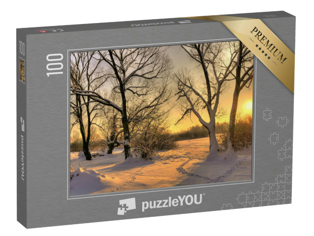 puzzle 100 dílků „Krásný zimní západ slunce se zasněženými stromy“