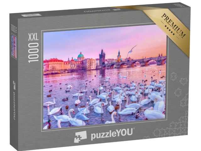 puzzle 1000 dílků XXL „Labutě na Vltavě, západ slunce v Praze, Česká republika“
