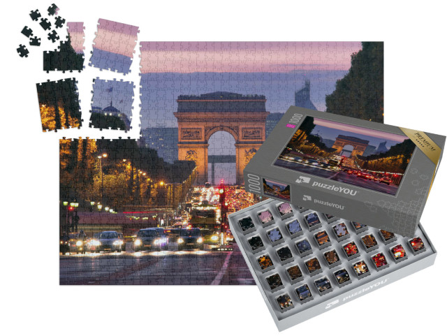 SMART SORTED® | Puzzle 1000 dílků „Noční dopravní zácpa na Champs-Elysées, Paříž, Francie“