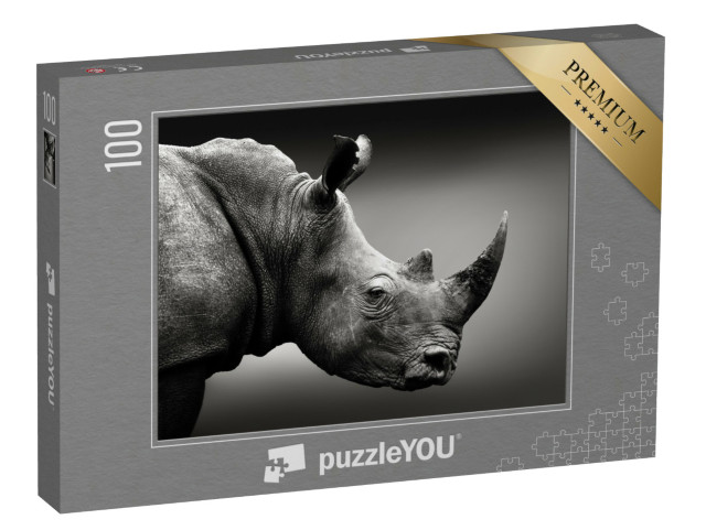puzzle 100 dílků „Nosorožci s vysokou pozorností v černé a bílé barvě, Jihoafrická republika“