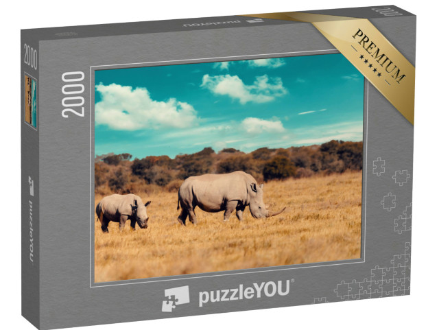 puzzle 2000 dílků „Rodina nosorožců, matka s mládětem nosorožce bílého, Botswana“