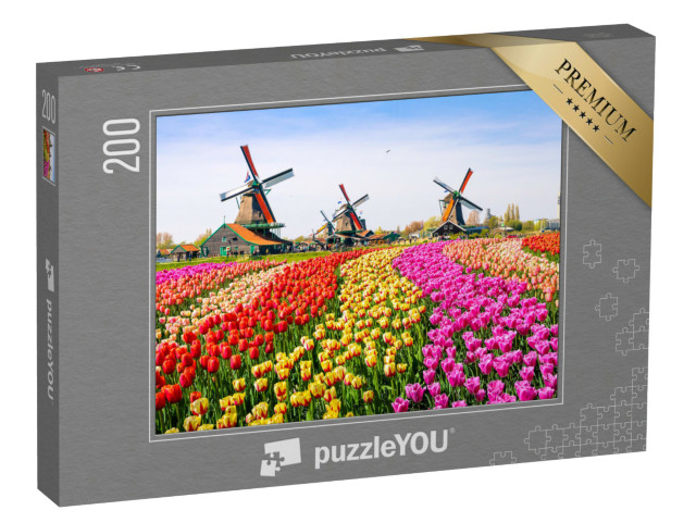 puzzle 200 dílků „Tulipány a větrné mlýny v Zaanse Schans, Nizozemsko“