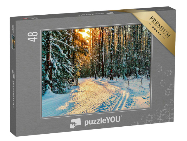 puzzle 48 dílků „Zimní lesní cesta v zasněženém lese s jedlemi“