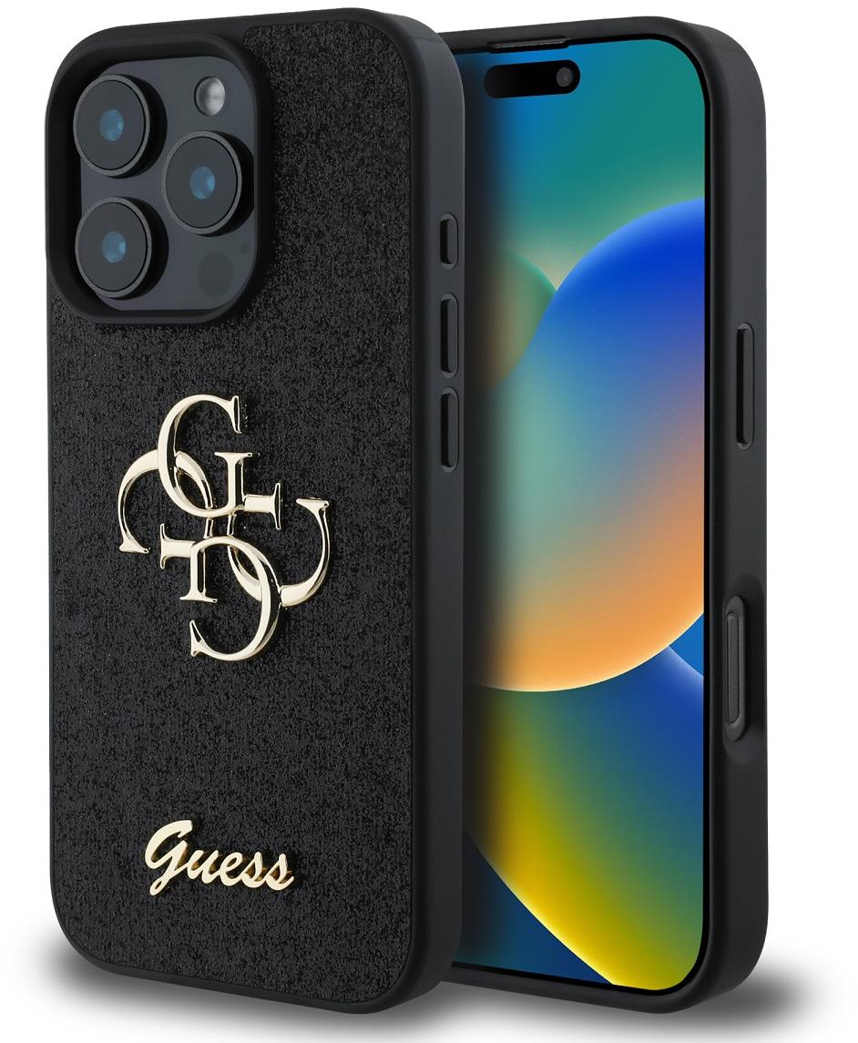 Guess PU Fixed Glitter 4G Metal Logo Zadní Kryt pro iPhone 16 Pro Black