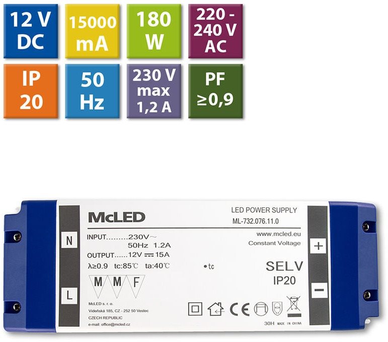 McLED Napájecí zdroj 180W, DC12V/15A, IP20, plastové provedení se svorkovnicí