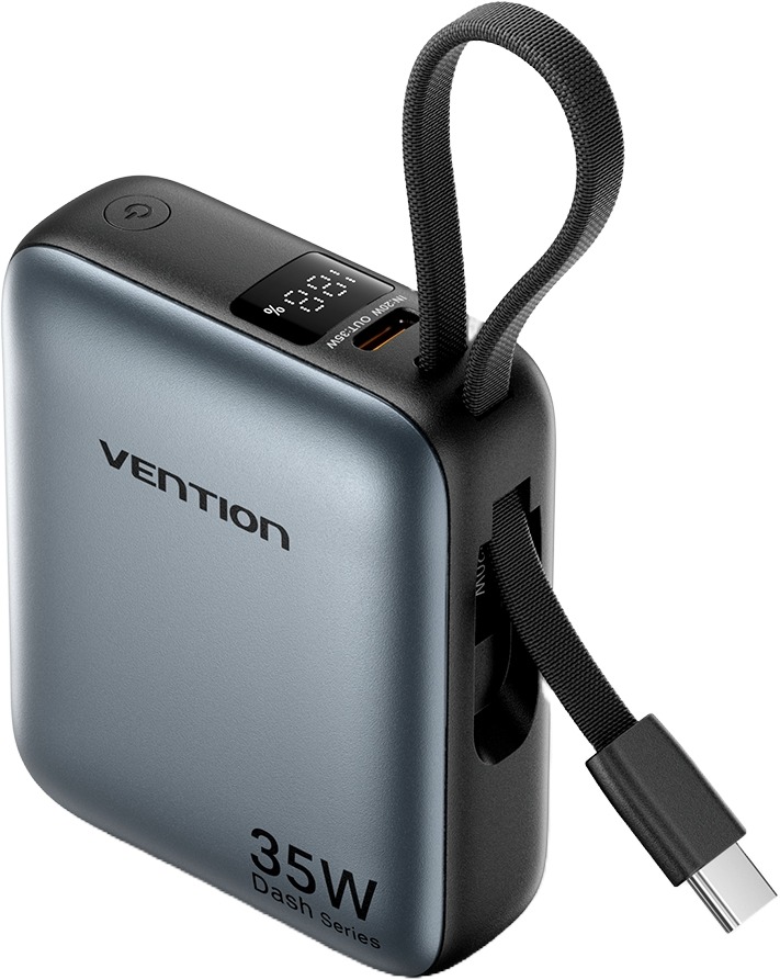 Vention 10000mAh Mini Power Bank (USB-C + USB-C) with Built-in USB-C Cable 35W Gray