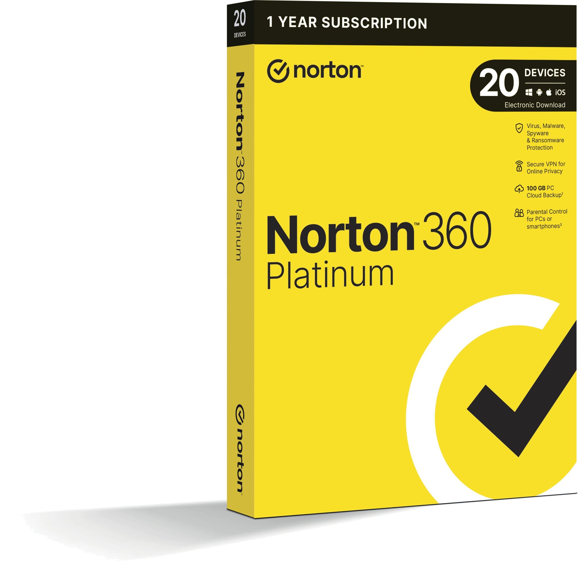 Norton 360 Platinum 100GB, VPN, 1 uživatel, 20 zařízení, 12 měsíců (elektronická licence)