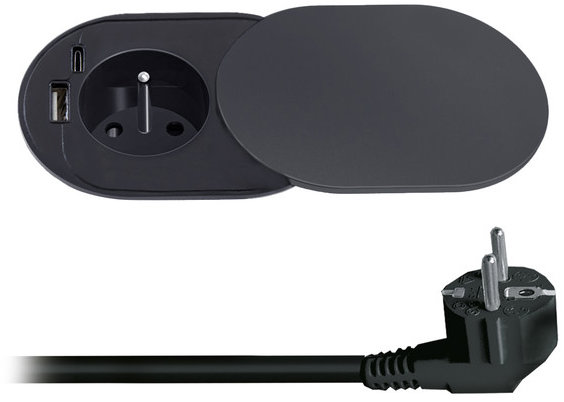 Solight 1z + USB A+C 20 W PD vestavná s posuvným víčkem, 2 m, matná černá