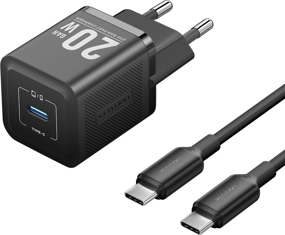 Vention 1-Port USB-C GaN Charger (20W) with USB-C to USB-C Cable (1M) EU-Plug Black